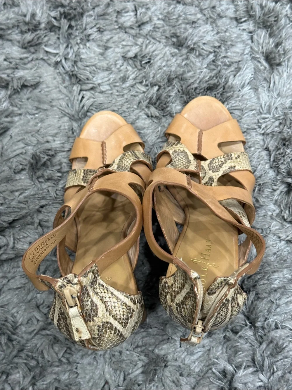 Cole Haan Air Kimry Nudge Tan Beige Leather Snake Print Wedge Sandals Shoes